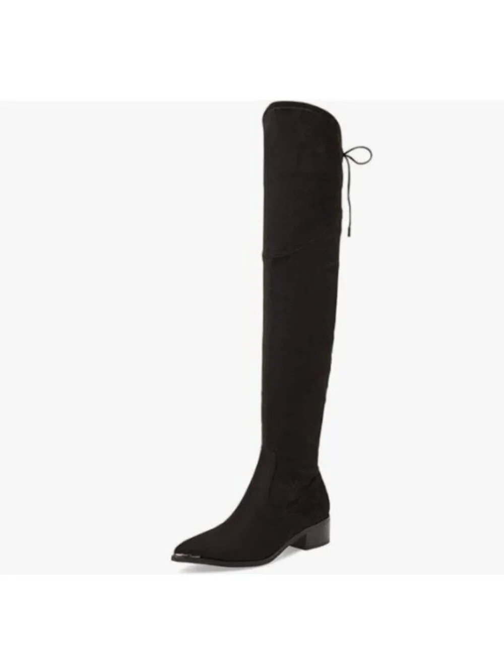 XYD Black Pointed Toe Block Low Heel Tie Back Lace Zipper Over The Knee Boot